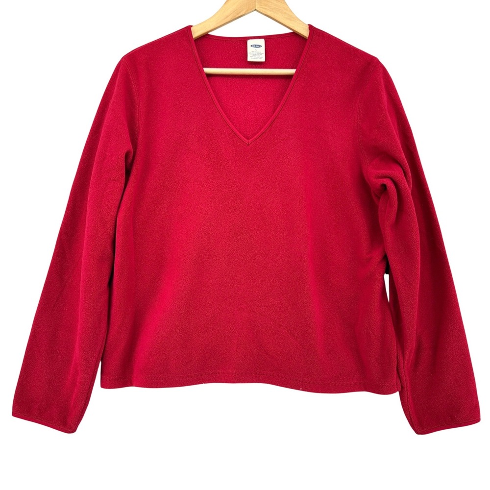 VTG Old Navy V-Neck Long Sleeve Fleece Pullover Top Red Womens L Y2K Holiday